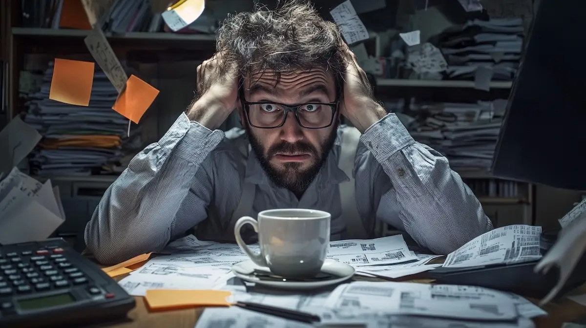un entrepreneur stressé de faire son bilan comptable seul