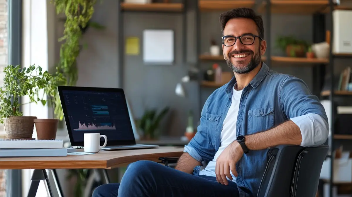 Homme souriant assis à son bureau dans un espace de travail lumineux, avec un ordinateur portable affichant des données graphiques, entouré de plantes et d’accessoires de bureau.