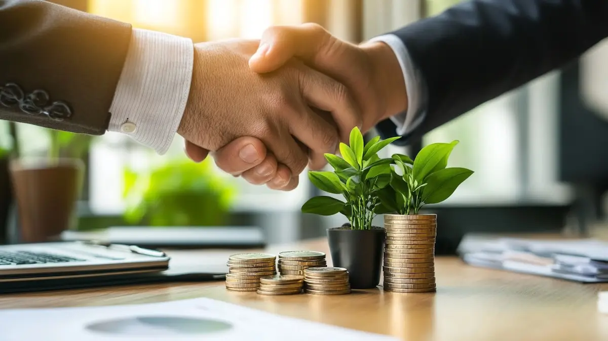 Poignée de main entre deux personnes en costume, avec en avant-plan des piles de pièces de monnaie, de petites plantes vertes en pot et un ordinateur portable sur un bureau.